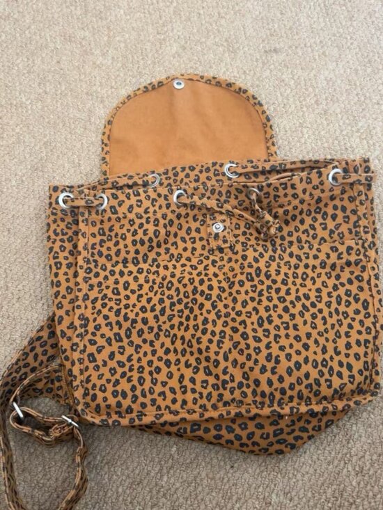 Baggu Leopard Print Canvas Mini Backpack Flap Drawstring Shoulder Bag